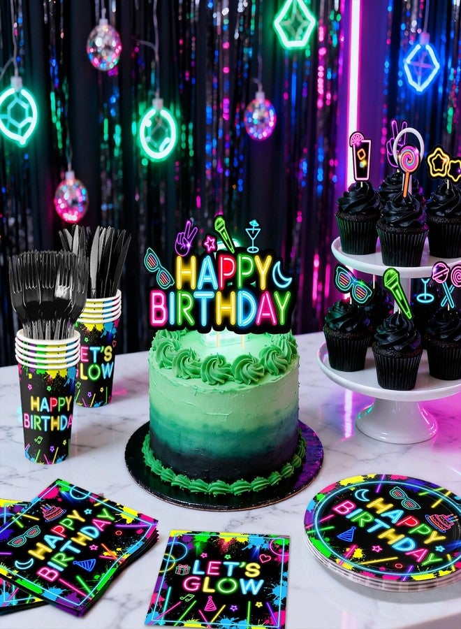 LINHAXM 184 Pcs Neon Party Decorations - Glow in the Dark Party Supplies - Plates, Napkins, Cups, Banner, Hanging Swirls, Tablecloth, Balloons, Toppers for Neon Birthday Party Decorations, Serves 24 - Image 4